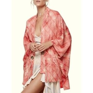 Free People Shibori Kimono Sleeve Jacket Coral Orange Tie Front One Size OS